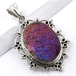 titanium druzy gemstone, 925 sterling silver, designer pendant, oval shape pendant, with free shipping by sjd-p-422