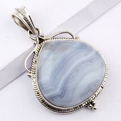 blue lace agate gemstone, 925 sterling silver, designer pendant, heart shape pendant, with free shipping by sjd-p-424