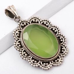 prehnite gemstone, oval shape pendant, 925 sterling silver, designer pendant, with free shipping by sjd-p-450