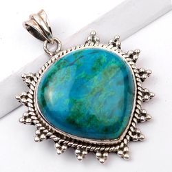 chrysocolla gemstone, heart shape pendant, 925 sterling silver, designer pendant, with free shipping by sjd-p-458