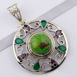 turquoise, green onyx, amethyst, chakra pendant, 925 sterling silver, designer pendant, with free shipping by sjd-p-459