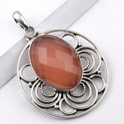 rose quartz, gemstone oval shape pendant, 925 sterling silver, designer pendant, with free shipping by sjd-p-460
