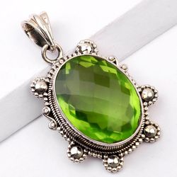 green quartz, gemstone oval shape pendant, 925 sterling silver, designer pendant, with free shipping by sjd-p-467