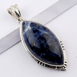 sodalite gemstone marquise shape pendant, 925 sterling silver, designer pendant, with free shipping by sjd-p-469b