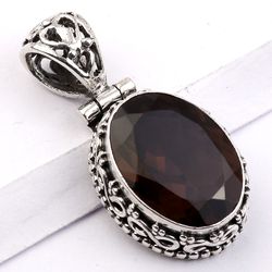 smoky quartz oval shape pendant, 925 sterling silver, designer pendant, with free shipping by sjd-p-563