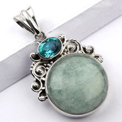 green aventurine, quartz round shape pendant, 925 sterling silver, designer pendant, with free shipping by sjd-p-578