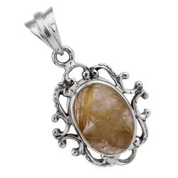 golden rutile gemstone pendant, 925 sterling silver, designer jewelry, with free shipping by sjd-p-927