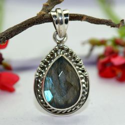 labradorite gemstone pendant, 925 sterling silver, designer jewelry, with free shipping by sjd-p-1337b