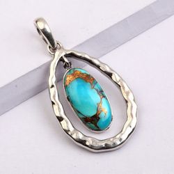 copper turquoise pendant, 925 sterling silver, handmade pendant, designer jewelry, with free shipping by sjd-p-284b