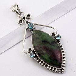 ruby zoisite, blue topaz 925 sterling silver, handmade pendant, designer jewelry, with free shipping by sjd-p-476