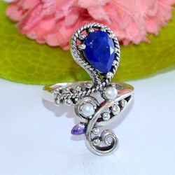 lapis lazuli, pearl ring, 925 sterling silver ring, designer floral ring, pear shape, gemstone ring, gift for women