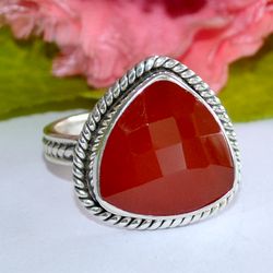 natural carnelian ring, 925 sterling silver ring, designer ring, trillion shape, gemstone ring, gift for women