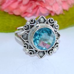 aqua quartz ring, 925 sterling silver ring, designer ring, round shape, gemstone ring, gift for women