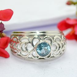 blue topaz, round shape, gemstone ring, 925 sterling silver ring, designer ring, statement jewelry, gift for women