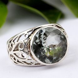 green amethyst, round shape, gemstone ring, 925 sterling silver ring, designer ring, statement jewelry, gift for women
