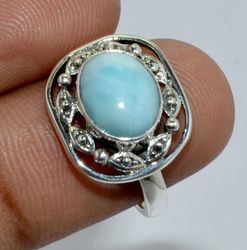 natural larimar, oval shape, gemstone ring, 925 sterling silver ring, designer ring, statement jewelry, gift for women