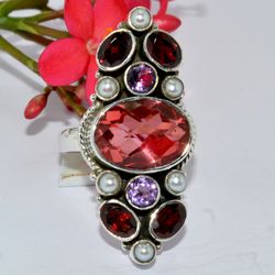 cherry quartz, garnet, gemstone ring, 925 sterling silver ring, designer ring, statement jewelry, gift for women