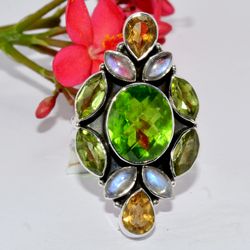green quartz, peridot, citrine gemstone ring, 925 sterling silver ring, designer ring, statement jewelry, gift for women
