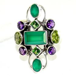 green onyx, amethyst, peridot gemstone ring, 925 sterling silver ring, designer ring, statement jewelry, gift for women