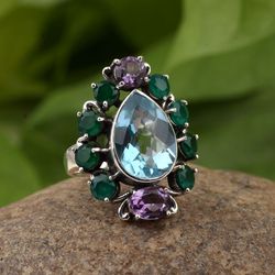 aqua quartz, green onyx gemstone ring, 925 sterling silver ring, designer ring, statement jewelry, gift for women
