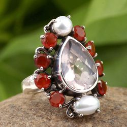 rose quartz, carnelian, pearl gemstone ring, 925 sterling silver ring, designer ring, statement jewelry, gift for women