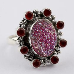 titanium druzy, carnelian gemstone ring, 925 sterling silver ring, designer ring, statement jewelry, gift for women