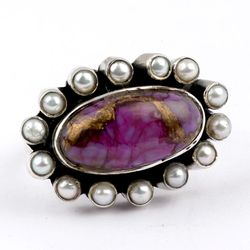 purple copper turquoise, pearl gemstone ring, 925 sterling silver ring, designer ring, statement jewelry, gift for mom