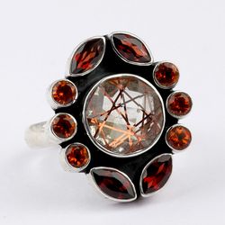 rutile quartz garnet honey topaz gemstone ring, 925 sterling silver ring, designer ring, statement jewelry, gift for mom