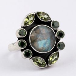 labradorite, peridot green topaz gemstone ring, 925 sterling silver ring, designer ring, statement jewelry, gift for mom