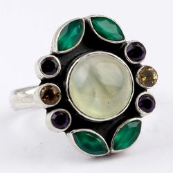 prehnite, green onyx, citrine gemstone ring, 925 sterling silver ring, designer ring, statement jewelry, gift for mom