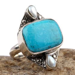 turquoise, pearl gemstone ring, 925 sterling silver ring, designer ring, statement jewelry, gift for mom