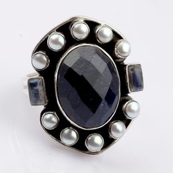 lapis lazuli, pearl, moonstone gemstone ring, 925 sterling silver ring, designer ring, statement jewelry, gift for mom
