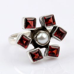garnet, pearl, moonstone gemstone ring, 925 sterling silver ring, floral designer ring, statement jewelry, gift for mom