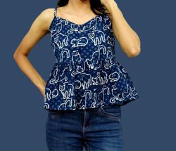 blue 100% cotton fabric rajasthni hand bold print sleeveless flared crop kurti tops for womens gift by sci ckt-01