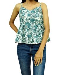 sky blue 100% cotton fabric rajasthni hand bold print sleeveless flared crop kurti tops for womens gift by sci ckt-02