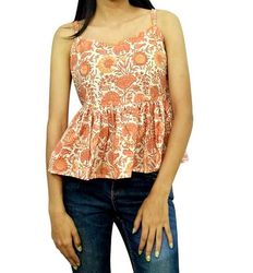 peach 100% cotton fabric rajasthni hand bold print sleeveless flared crop kurti tops for womens gift by sci ckt-02
