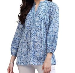 blue 100% cotton fabric rajasthni hand block print 3/4 sleeve kurti tops for womens gift by sci -ck-01