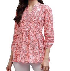 pink 100% cotton fabric rajasthni hand block print 3/4 sleeve kurti tops for womens gift by sci -ck-01