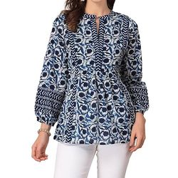 dark blue 100% cotton fabric rajasthni hand block print 3/4 sleeve kurti tops for womens gift by sci -ck-01