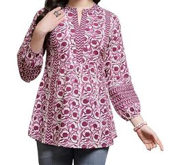 dark pink 100% cotton fabric rajasthni hand block print 3/4 sleeve kurti tops for womens gift by sci -ck-01