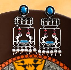 blue red enamel fashion earrings silver brass with gemstone tribal art earrings jewelry, gift for women's girl's- er-01