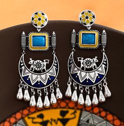 blue yellow enamel fashion earrings silver brass with gemstone tribal art earrings jewelry, gift for women's - er-02