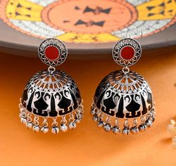 red black enamel fashion jhumki earrings stud silver brass with tribal art earrings jewelry, gift for women's - er-06