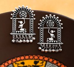 plain oxidized fashion jhumki earrings stud silver brass with tribal art earrings jewelry, gift for women's - er-08
