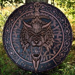 handmade medieval viking shield, fenrir wood carved viking gifts, viking wall decor, battle ready viking round shield