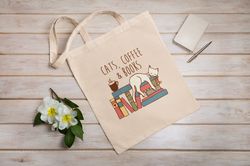 cats, coffee & books  eco tote bag  reusable  cotton canvas tote bag  perfect gift  animal lovers  christmas