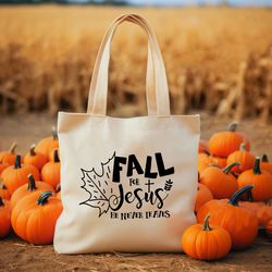 fall for jesus he never leaves tote bag trendy fall season shoulder bag, autumn vibes shopper, faith inspired quote