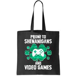 prone to shenanigans video games shamrock gamer tote bag