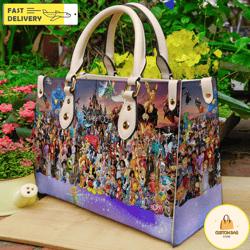 disney characters wallpaper handbag, leather disney handbag, mickey women bag