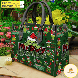 grinch christmas leather bag, grinch lover handbag, custom leather bag, woman handbag 11